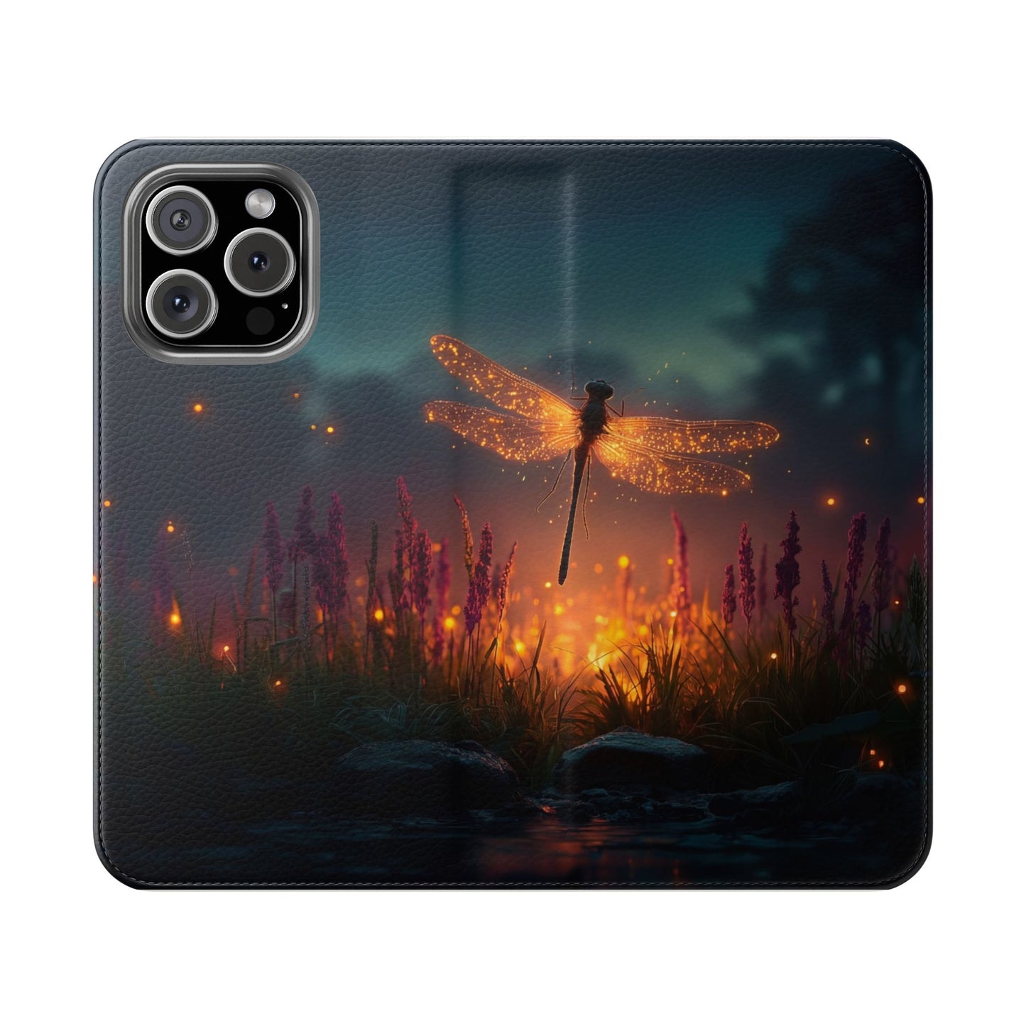 Bioluminescent Dragonfly Flip Cases – Glowing Amber Wings Over Twilight Marsh
