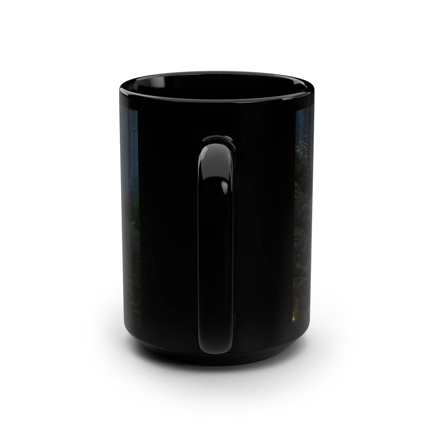 Bioluminescent Forest Stream Mug – Glowing Tree Reflections Black Ceramic