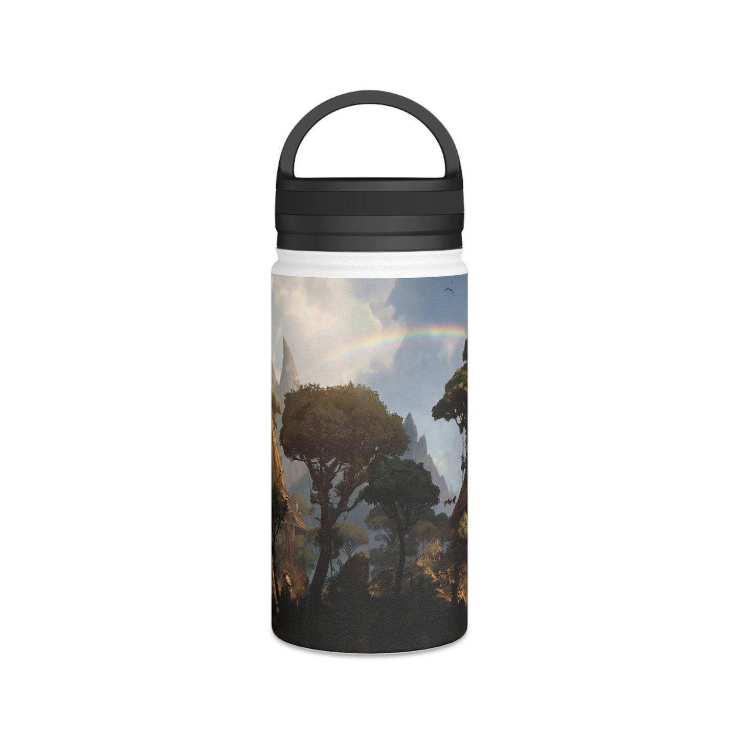 Arcane Grove Gateway Water Bottle – Handle Lid – Twin Rainbows Over Ancient Tree Citadel