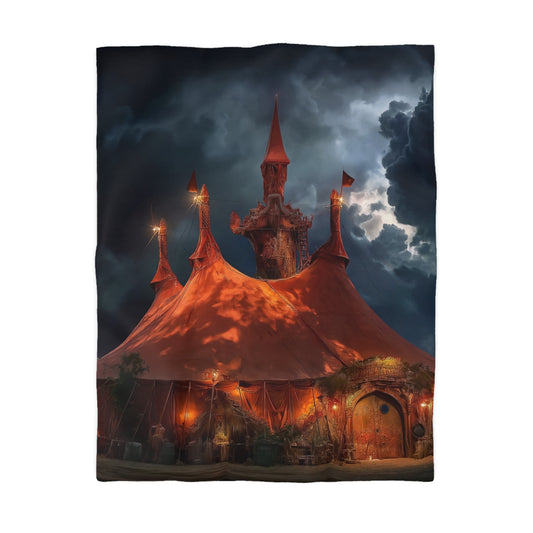 Crimson Carnival Tent Duvet Cover – City Lights Under Stormy Skies