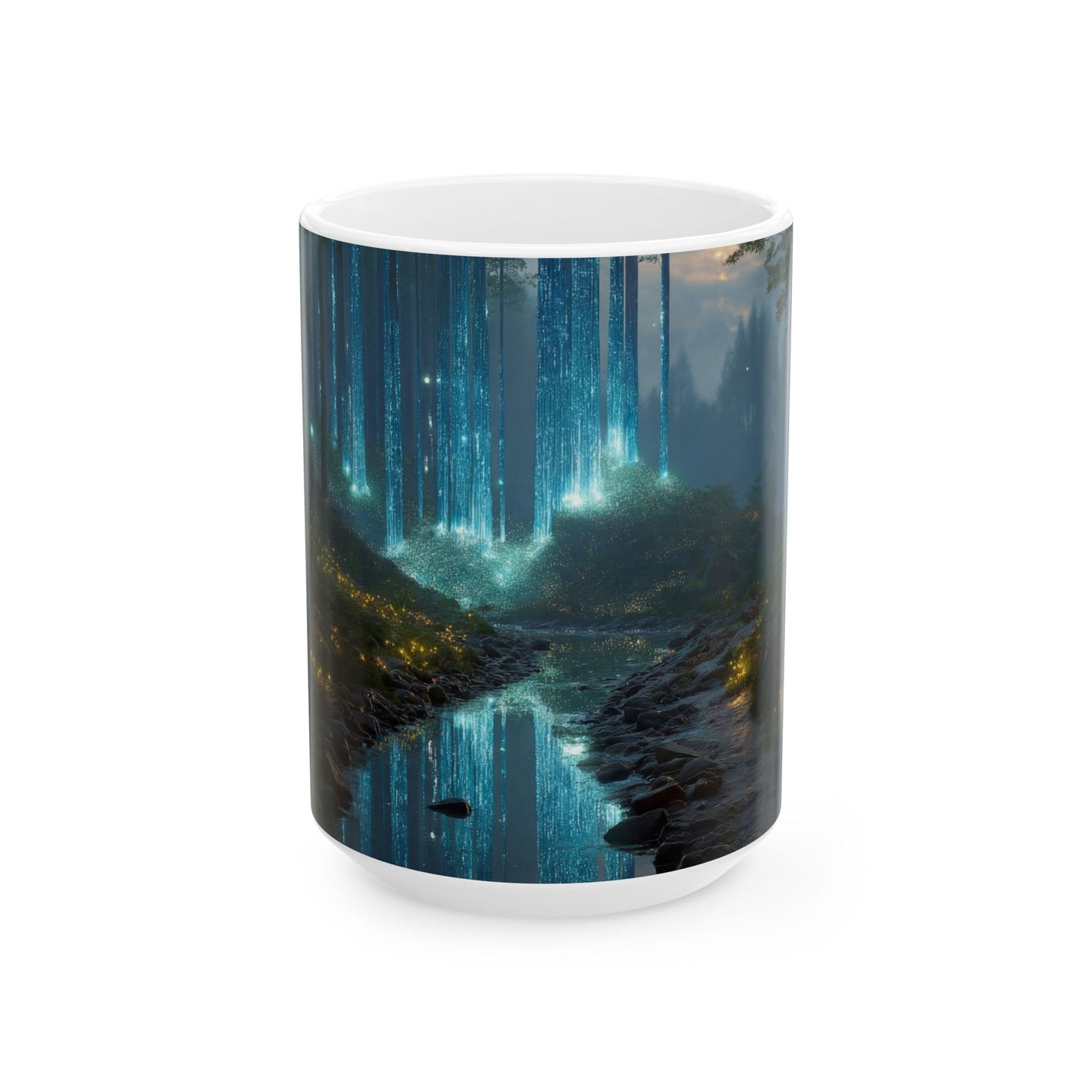 Celestial Forest Stream Ceramic Mug – Azure Lightfall Dreamscape