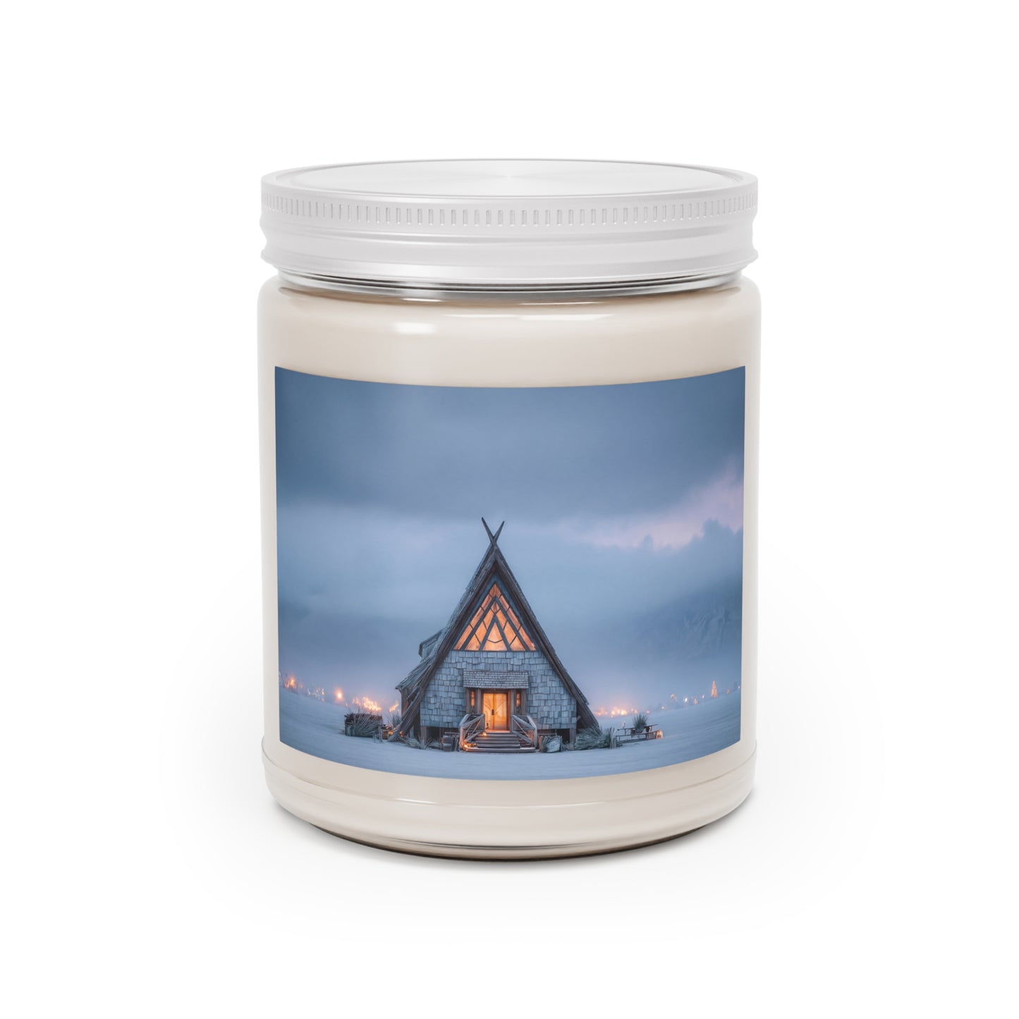 A-Frame Cabin Scented Soy Candles with White Lid, 9oz – Warm Light in the Grey Hours