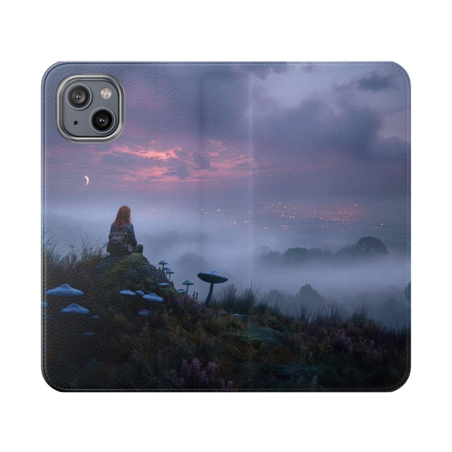 Misty Hilltop Flip Cases – Red-Haired Wanderer at Twilight
