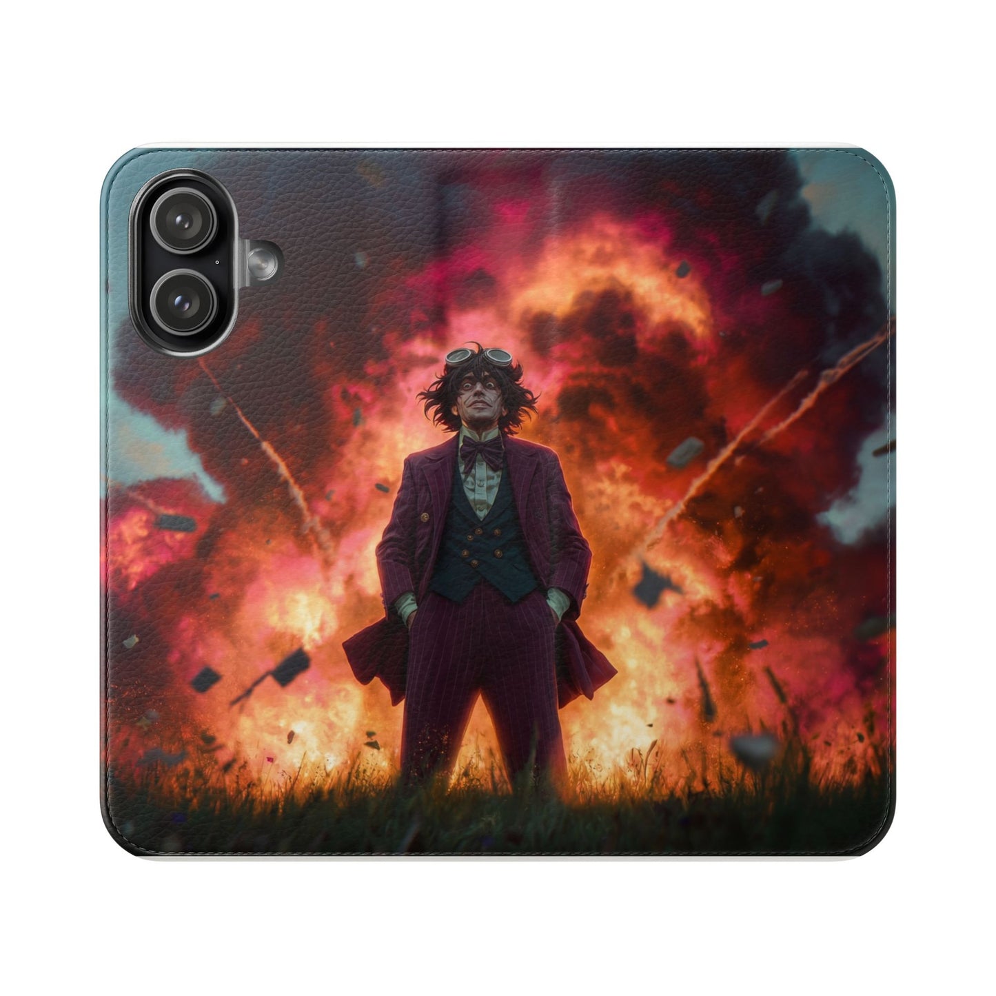 Goggles & Chaos Flip Cases – Purple Suit Amidst Fiery Explosion