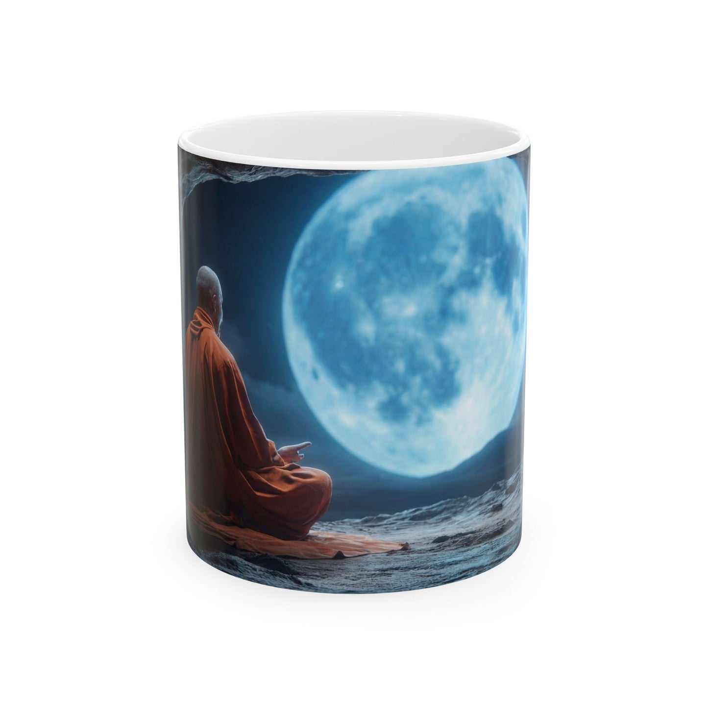 Moonlit Monk Meditation Mug – Tranquil Cave Reflections