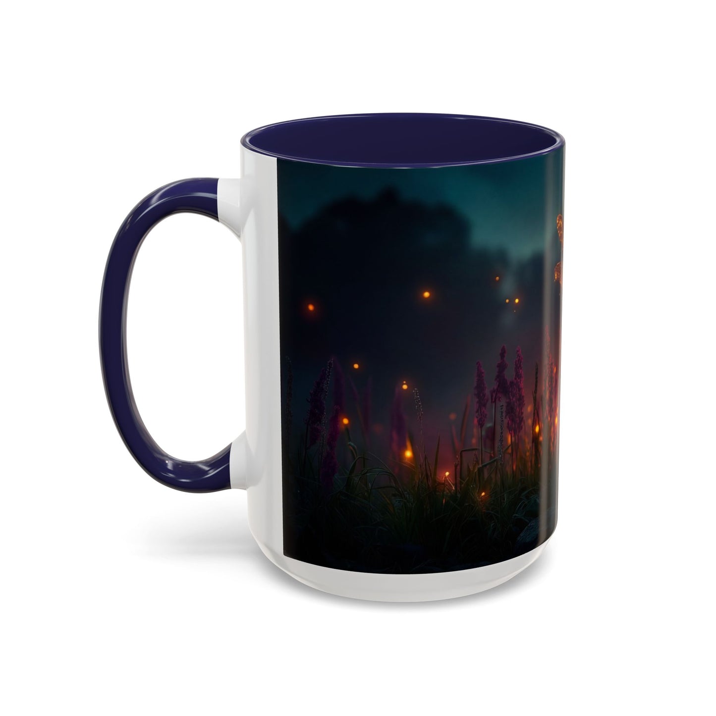 Firefly Dragonfly Accent Coffee Mug (11, 15oz) – Twilight Luminescence Over Meadow