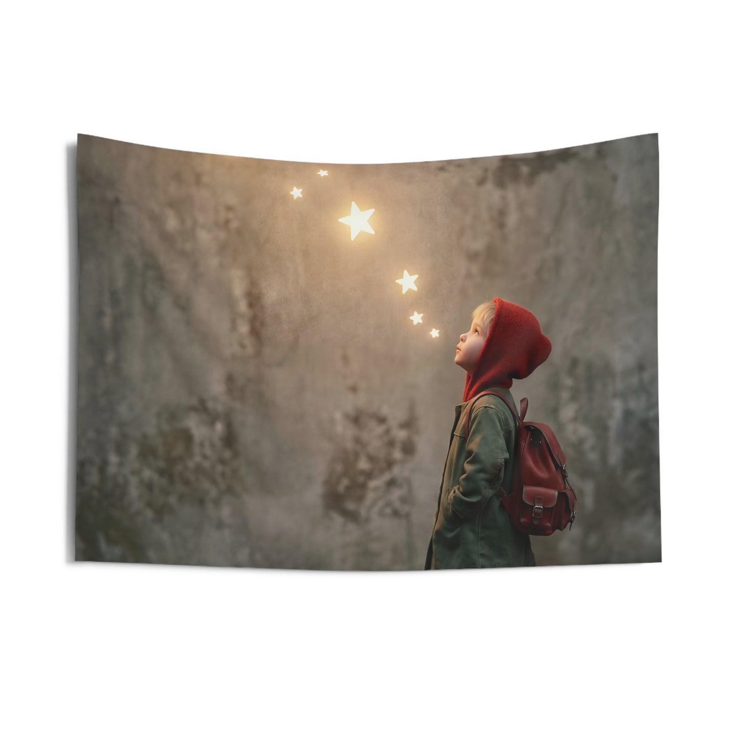 Starbound Child Indoor Wall Tapestries – Warm Glow Against Weathered Stone