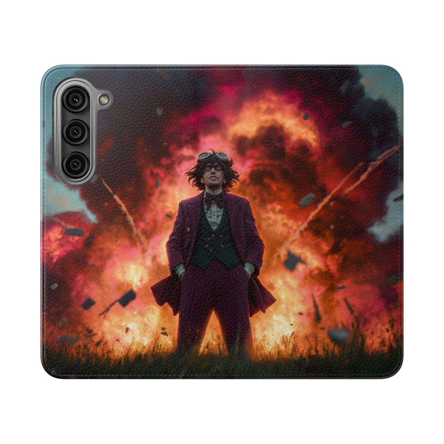 Goggles & Chaos Flip Cases – Purple Suit Amidst Fiery Explosion