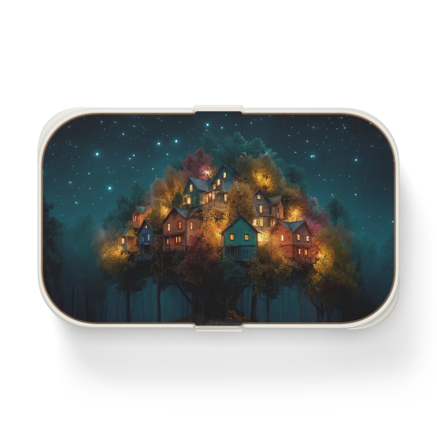 Starlit Hillside Village Bento Lunch Box – Warm Lights in the Whispering Woods