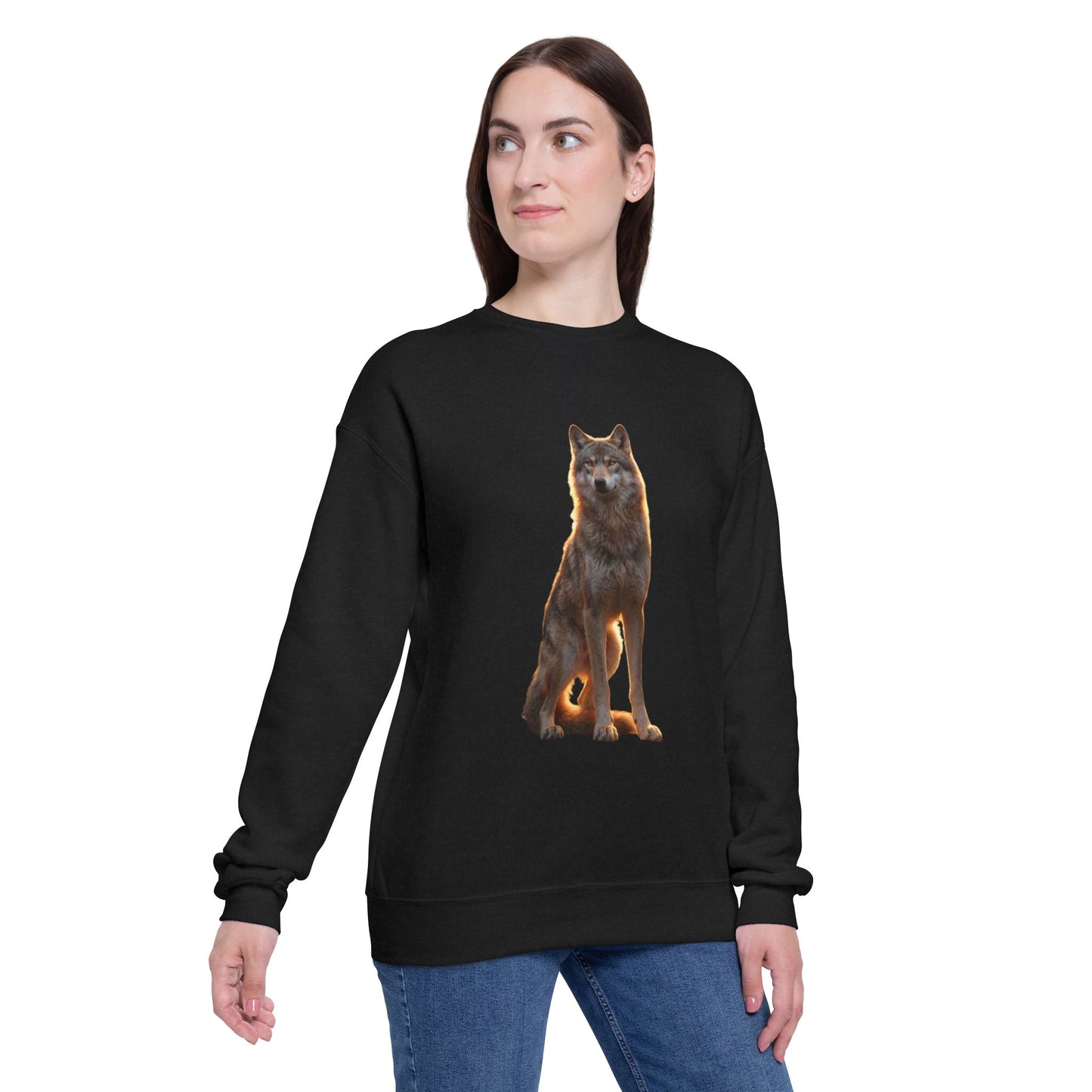 Sentinel Wolf Unisex Drop Shoulder Sweatshirt – Amber Light Guardian Portrait