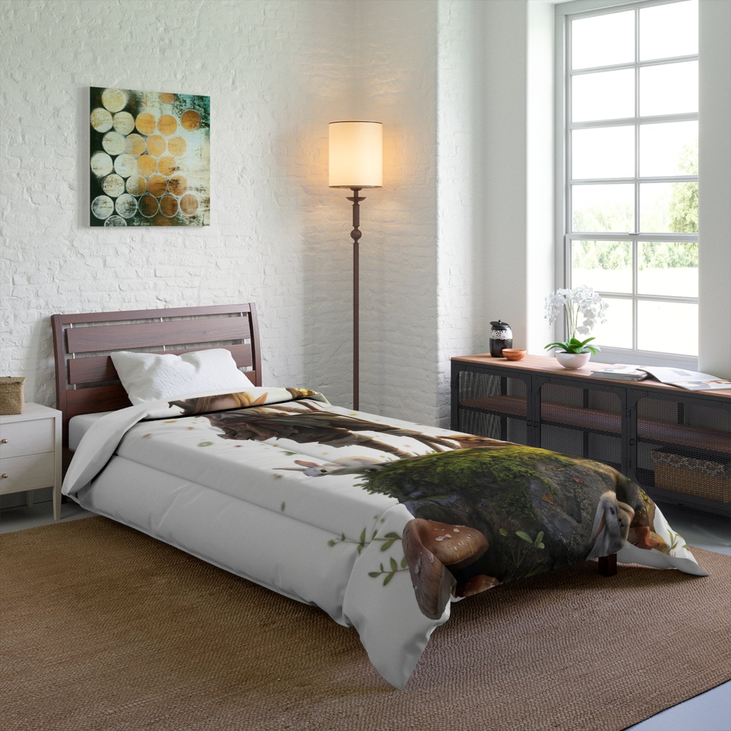 Forest Sentinel Comforter – Luminescent Deer-Horned Child Amid Mossy Rock