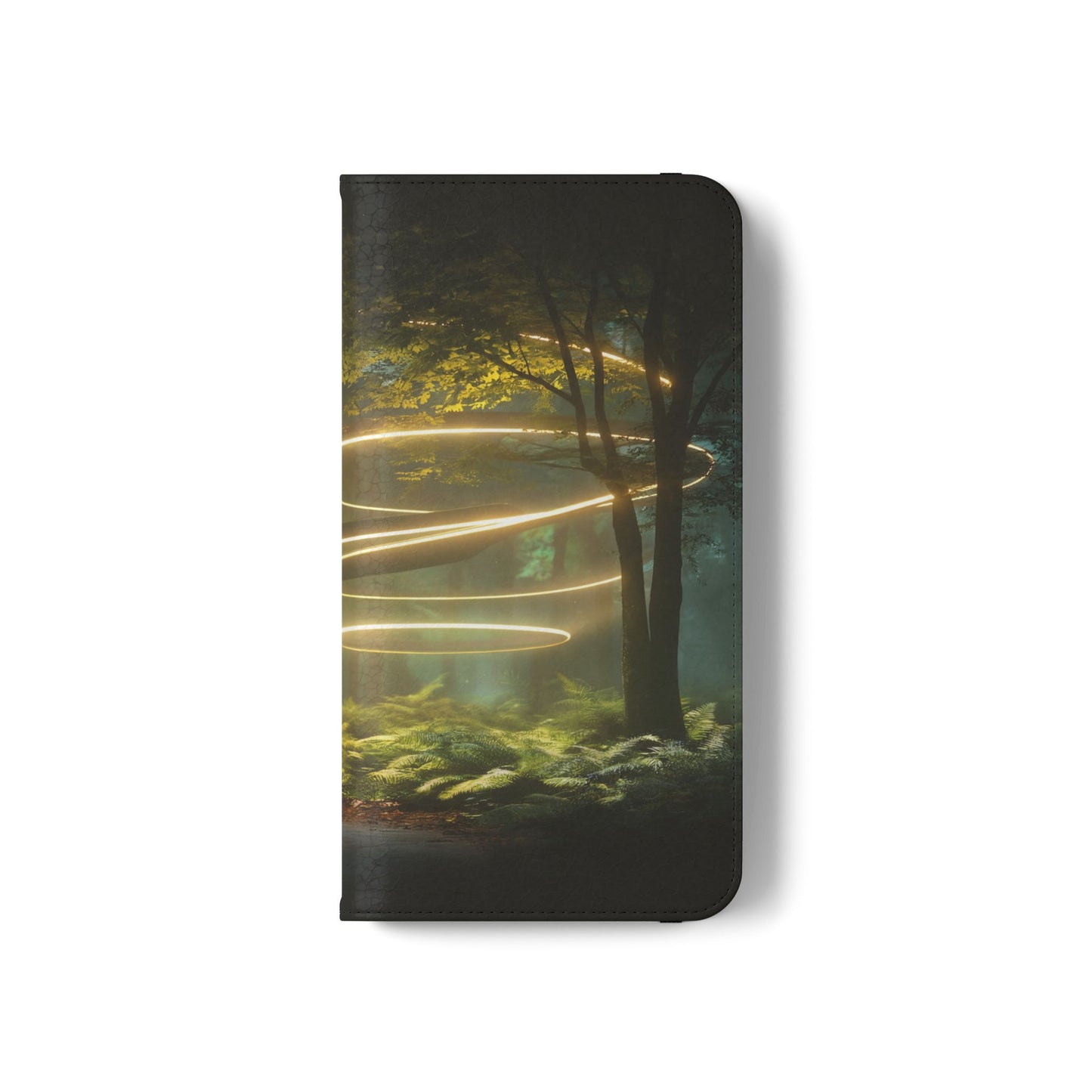 Luminous Spiral Forest Flip Cases – Golden Light Rings Mystery Scene