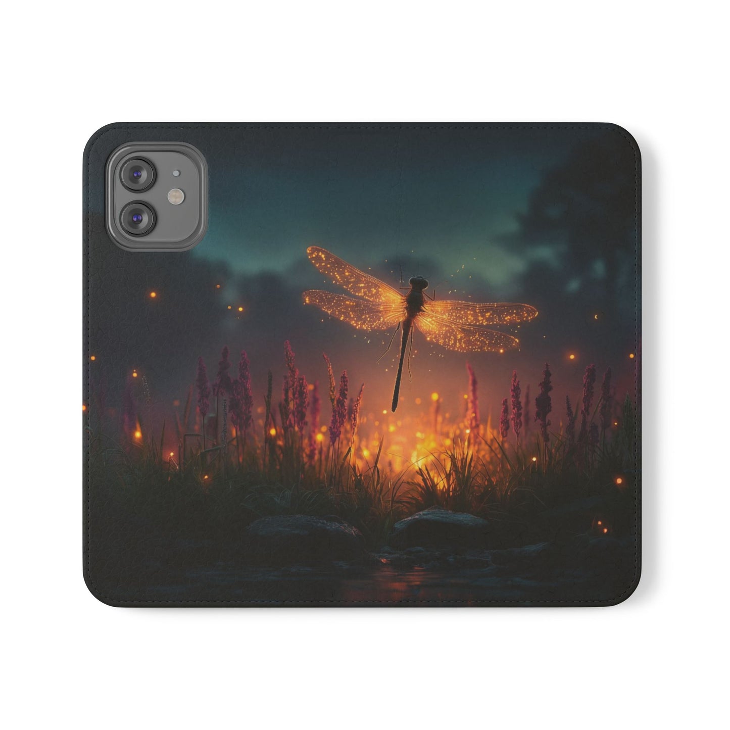 Bioluminescent Dragonfly Flip Cases – Glowing Amber Wings Over Twilight Marsh