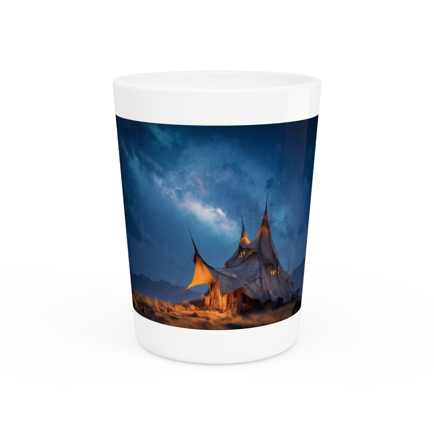 Starlit Nomad Tent Shot Glass – Milky Way Over Desert Sanctuary