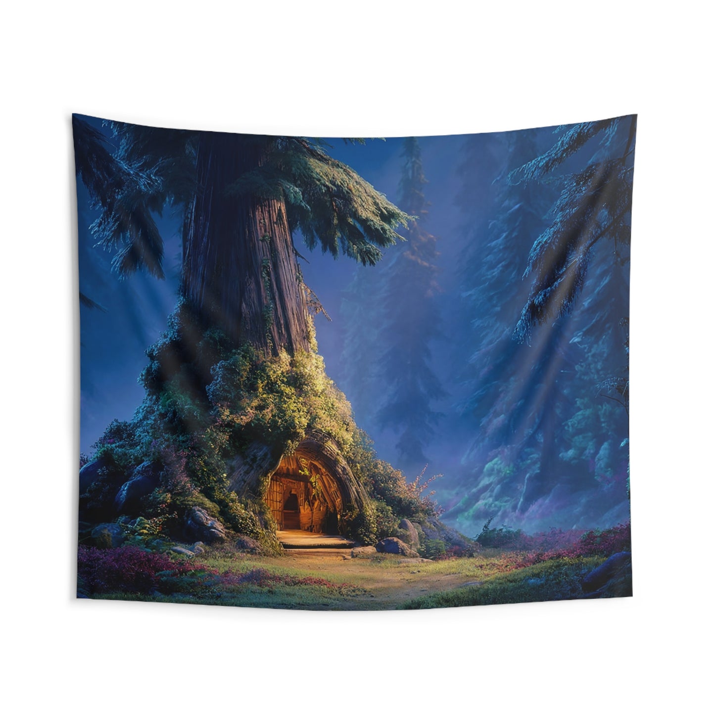 Whispering Grove Treehouse Tapestry – Moonlit Haven in the Ancient Forest