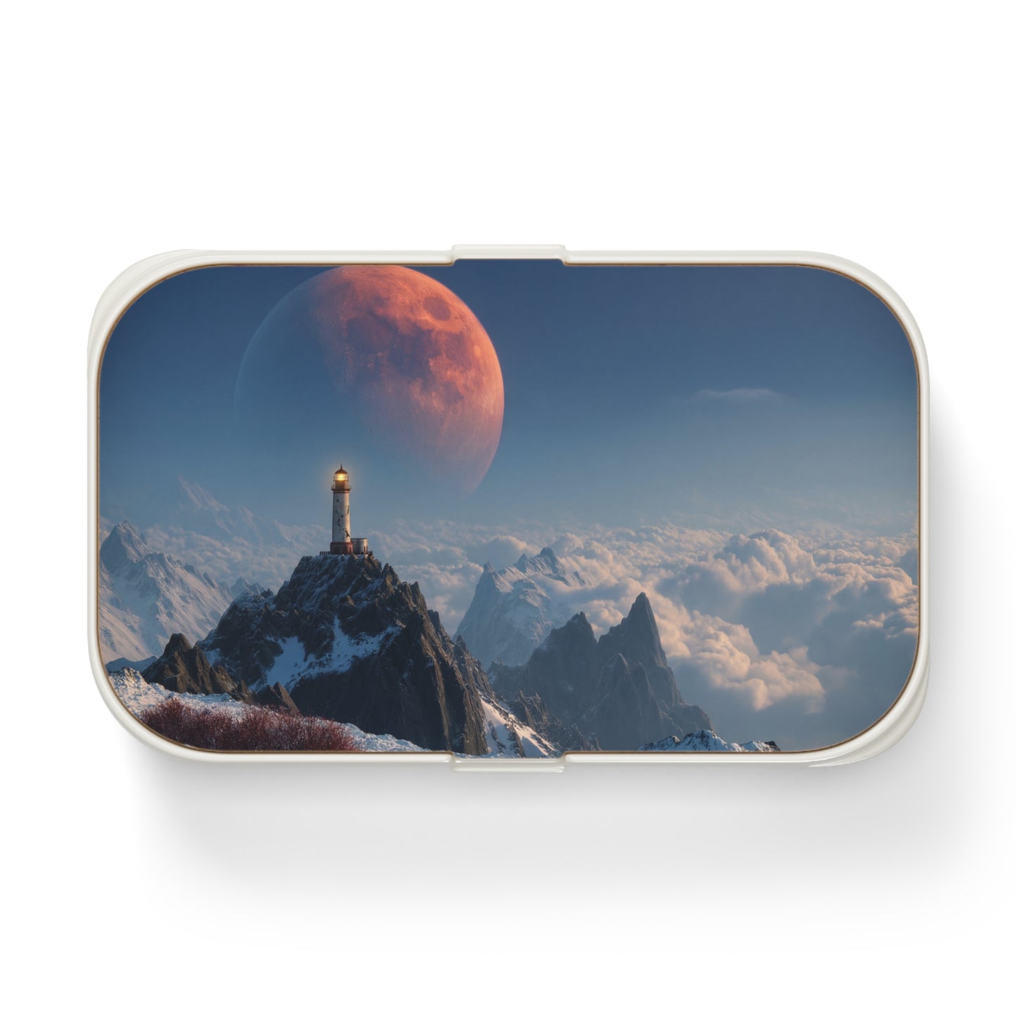 Lunar Lighthouse Bento Lunch Box – Snow-Capped Peak Under Crimson Moon