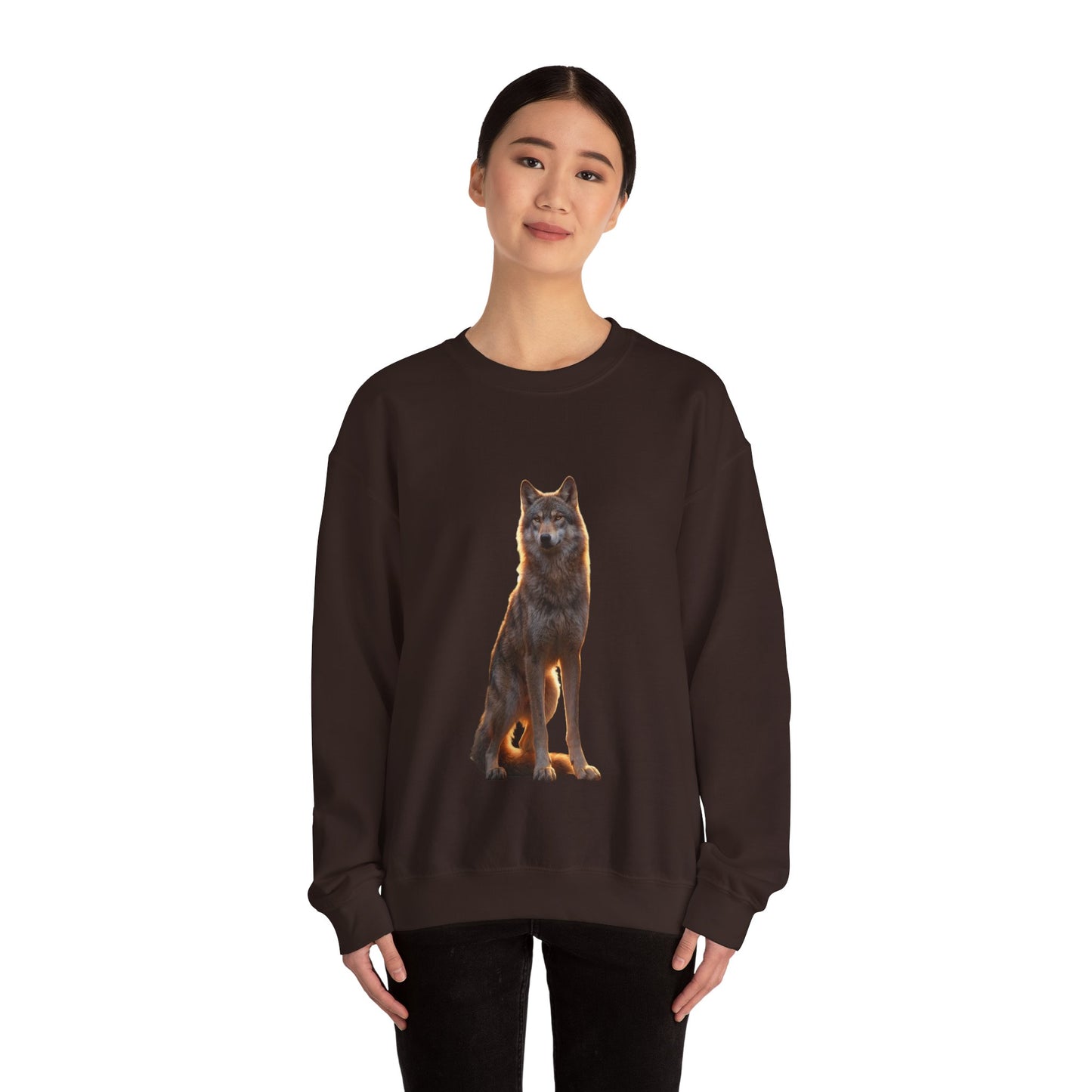 Twilight Sentinel Wolf Crewneck Sweatshirt – Golden Hour Guardian Portrait