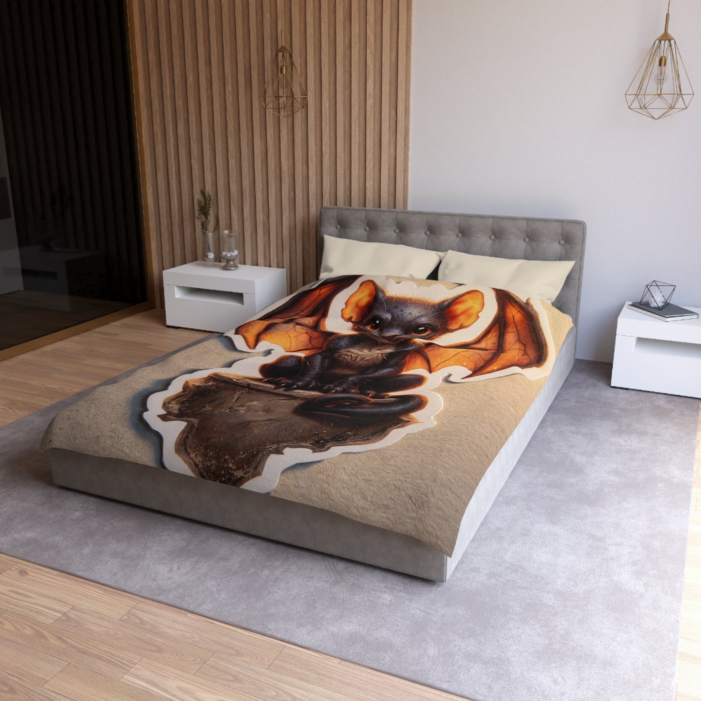 Winged Feline Guardian Microfiber Duvet Cover – Amber Glow in Midnight Stillness
