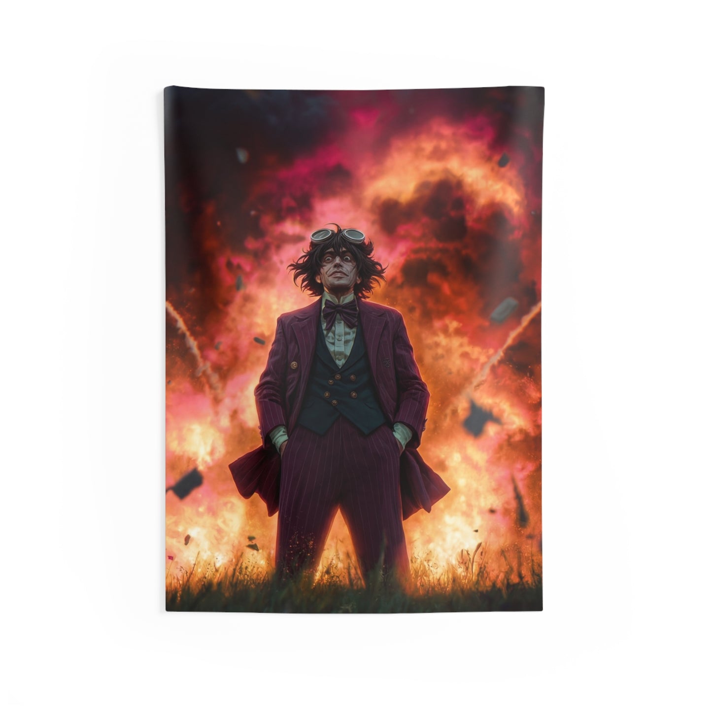Goggles-Wearer Amidst Crimson Explosion Indoor Wall Tapestries – Calm in the Chaos