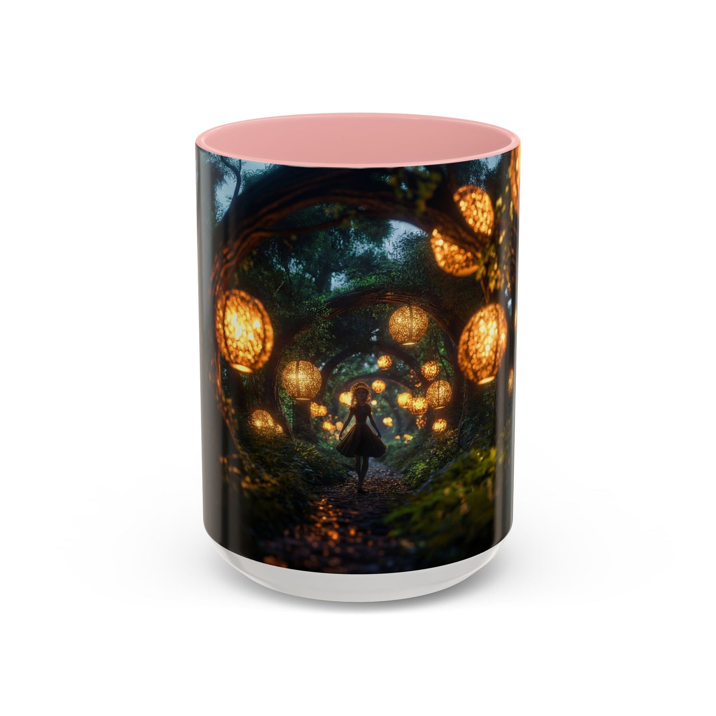 Luminous Forest Path Accent Coffee Mug (11, 15oz) – Warm Glow Through Ancient Branches
