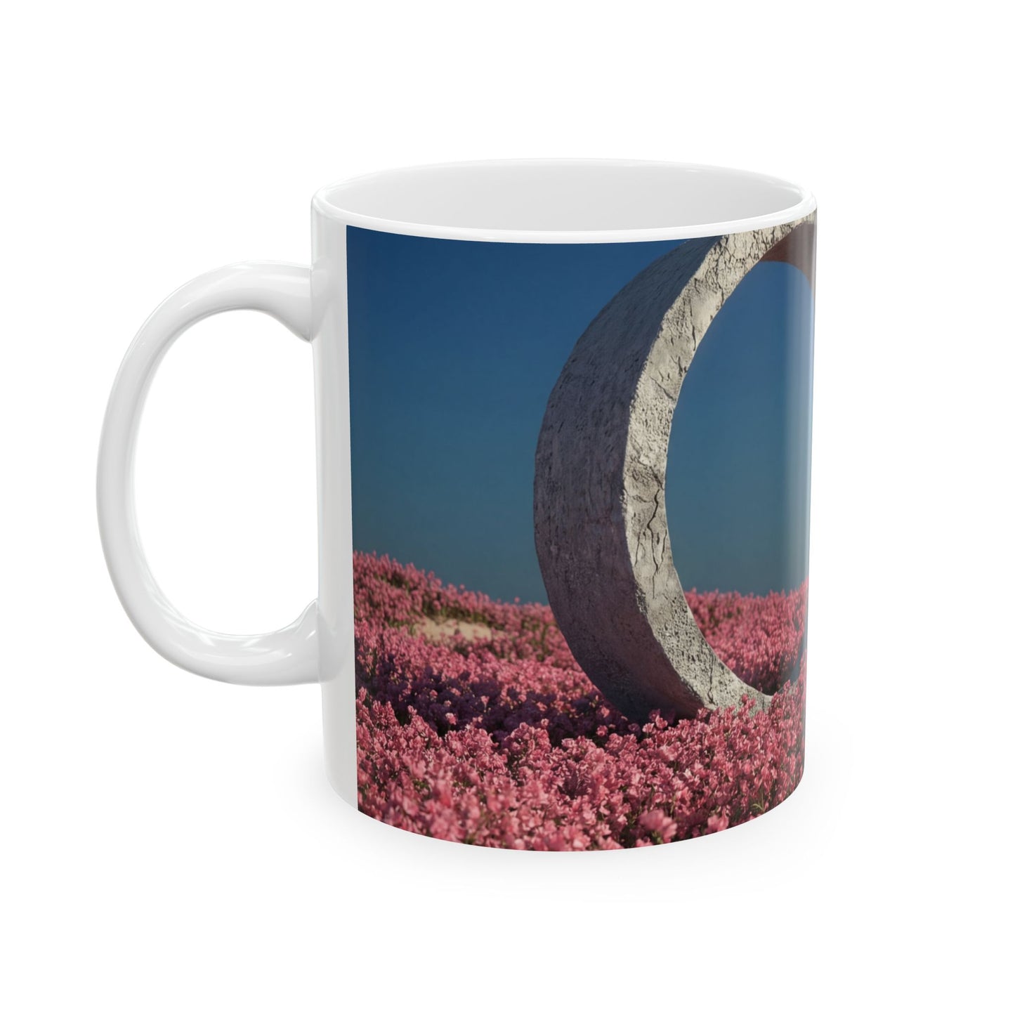 Stone Ring in Pink Bloom Field Ceramic Mug – Serene Portal to Wildflowers