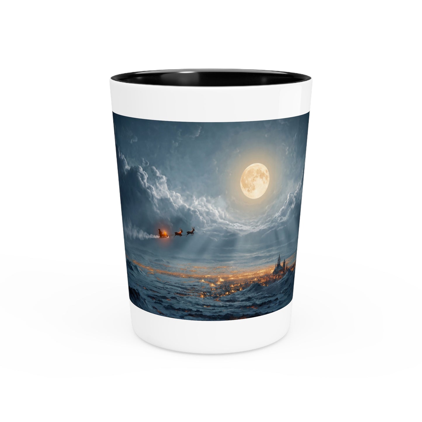 Lunar Sleigh Ride Shot Glass – Midnight Winter Journey Over Snow-Covered Peaks