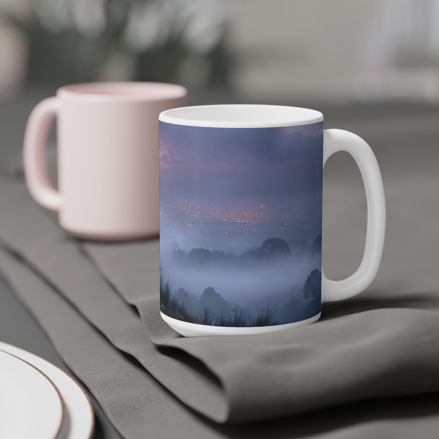 Twilight Sentinel Ceramic Mugs (11oz\15oz\20oz) – Moonlit Peak and Misty Cityscape