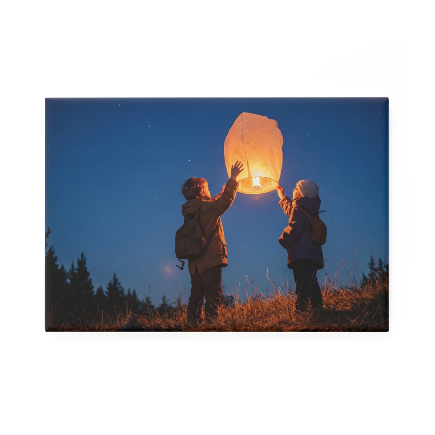 Starlit Lantern Wish Button Magnet, Rectangle (1 & 10 pcs) – Two Children Releasing Hope Into Twilight