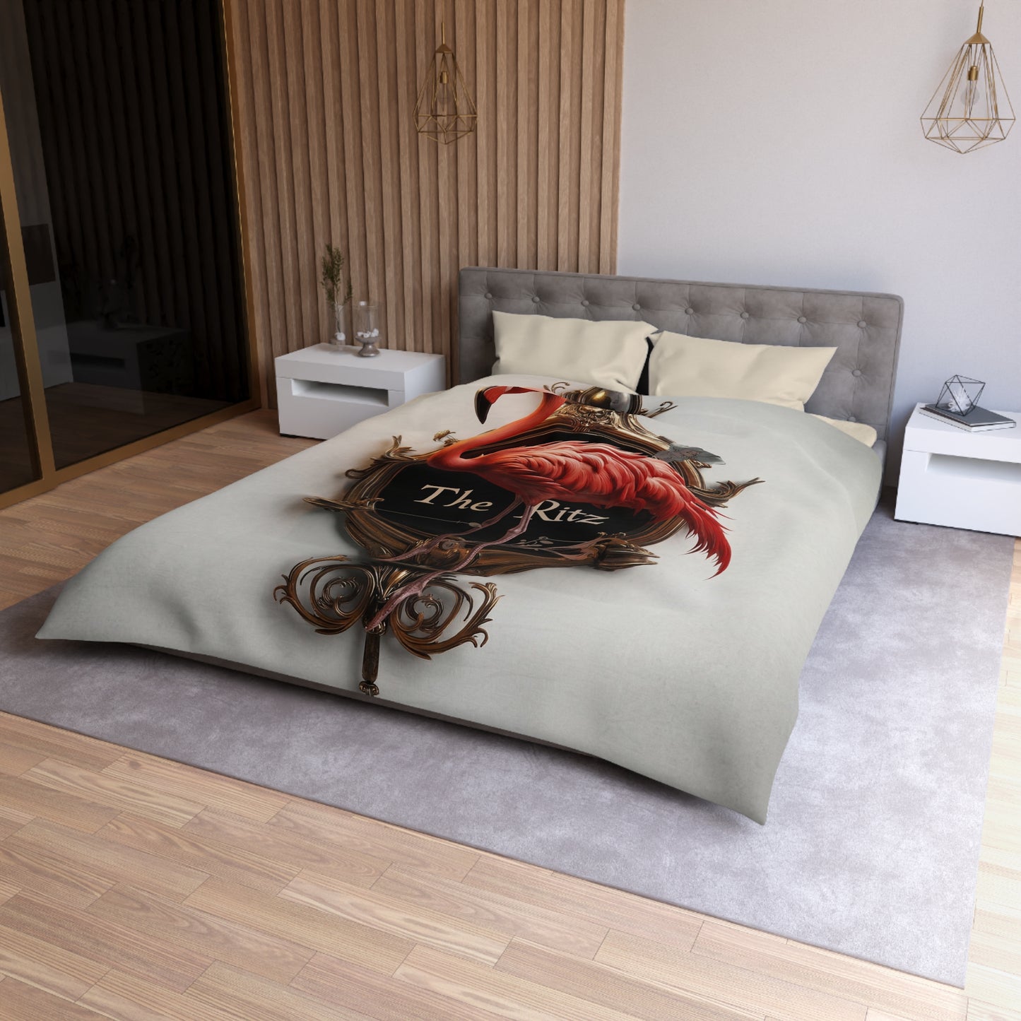 Flamingo Crest Duvet Cover – Gilded Elegance of The Ritz