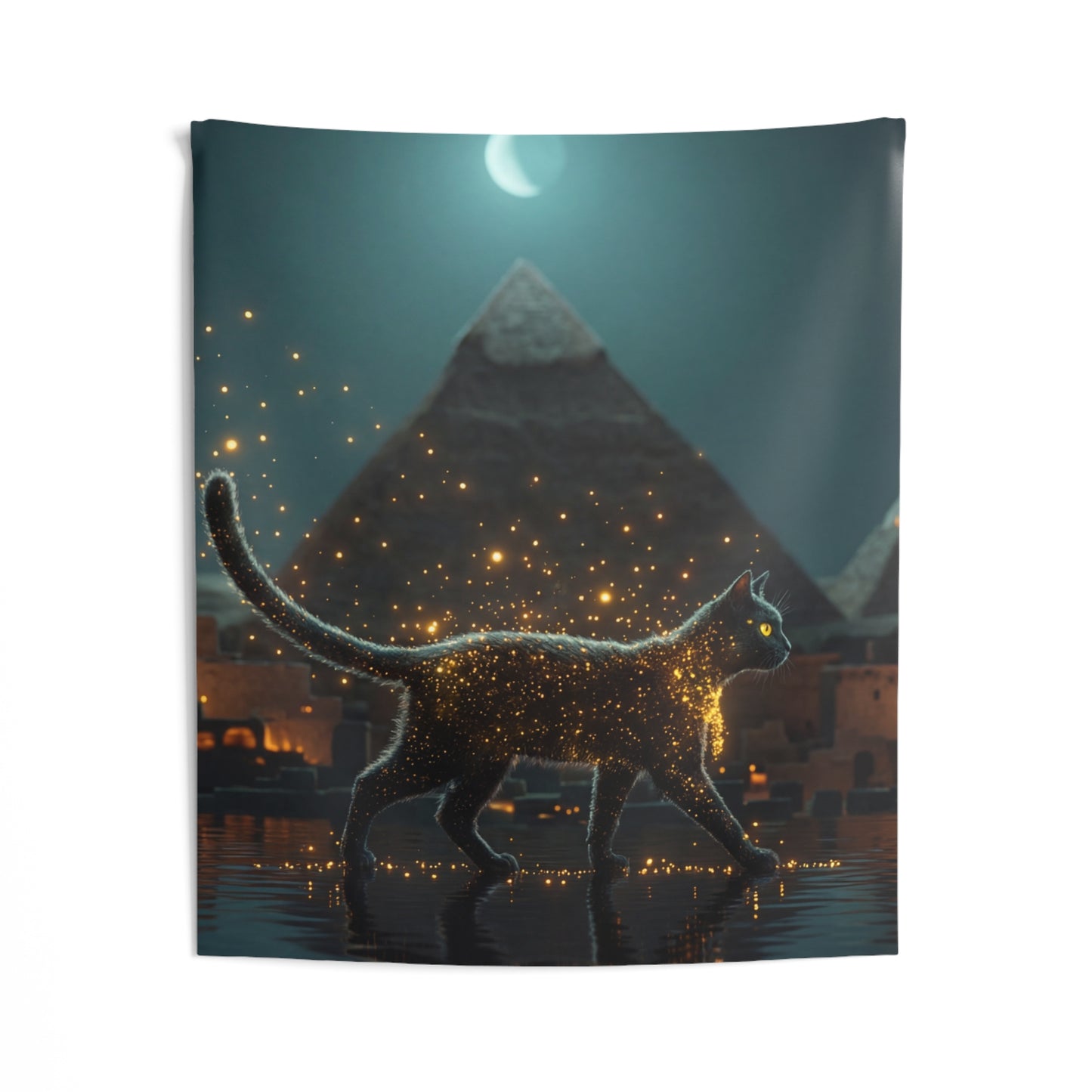 Starlit Cat by Pyramids Indoor Wall Tapestries – Midnight Magic in the Nile
