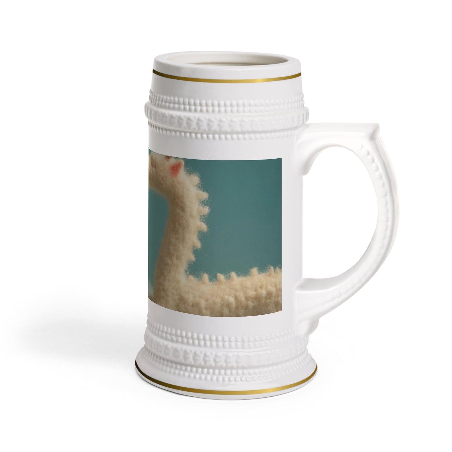 Knitted Child and Felt Dragon Stein Mug – Cozy Cloudside Guardian Scene
