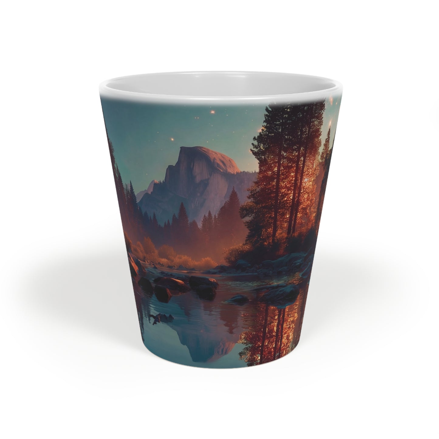 Starlit River Reflection Latte Mug, 12oz – Half Dome’s Twilight Mirror