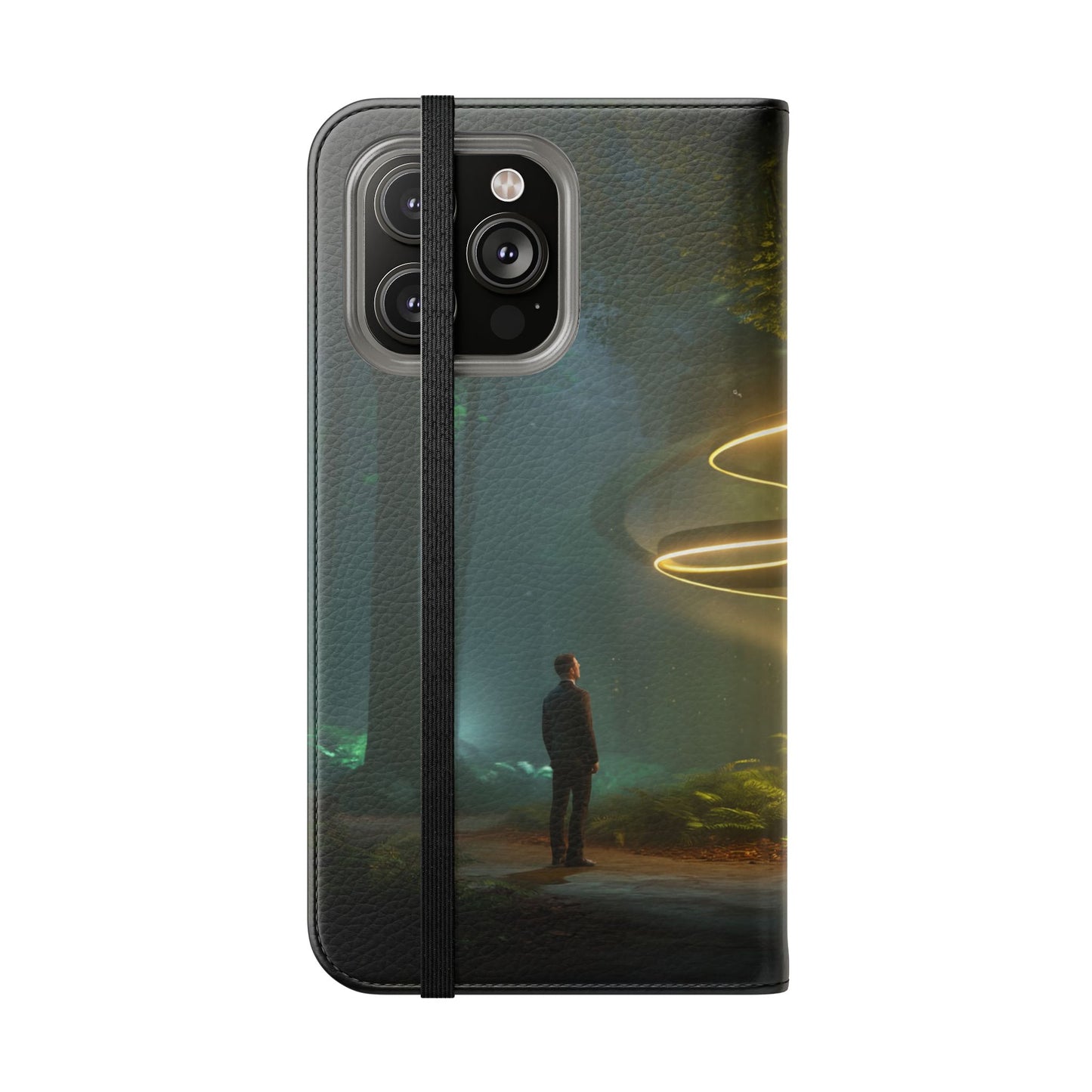 Luminous Spiral Forest Flip Cases – Golden Light Rings Mystery Scene