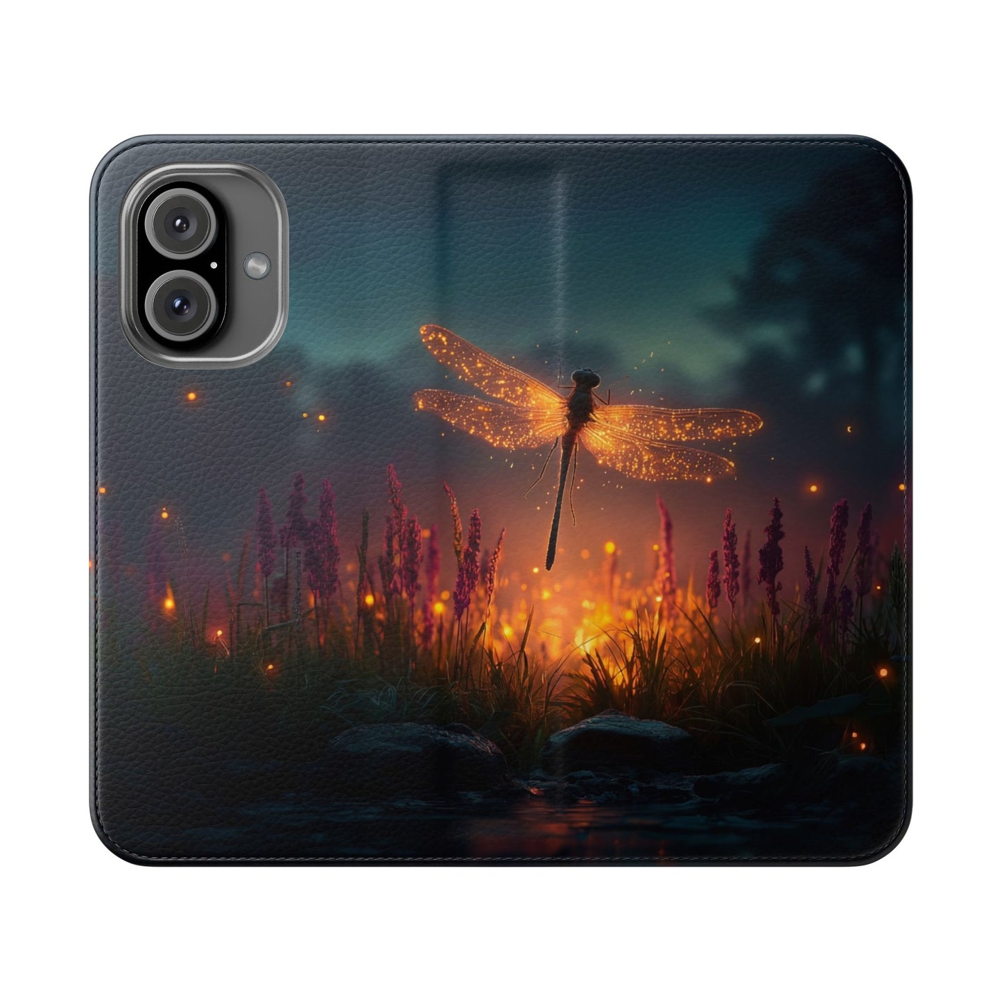 Bioluminescent Dragonfly Flip Cases – Glowing Amber Wings Over Twilight Marsh