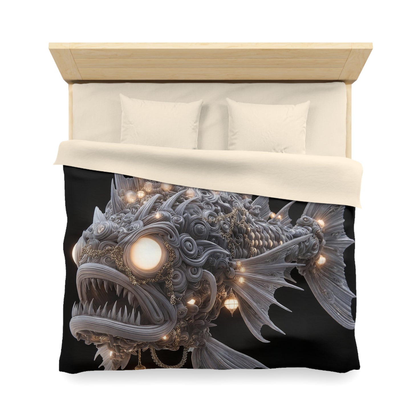 Lantern-Filled Deep-Sea Sentinel Microfiber Duvet Cover – Bioluminescent Abyss Dreamscape