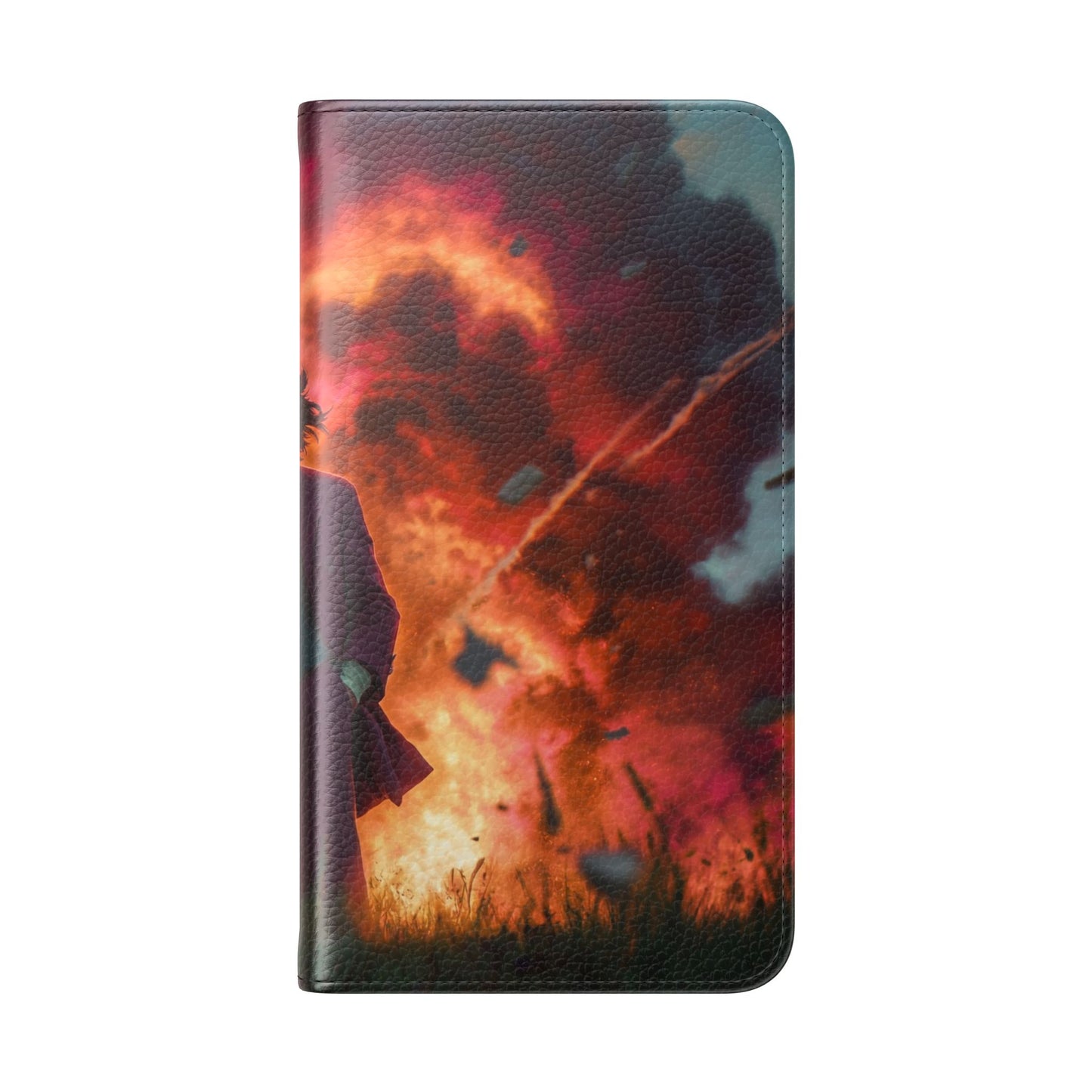 Goggles & Chaos Flip Cases – Purple Suit Amidst Fiery Explosion