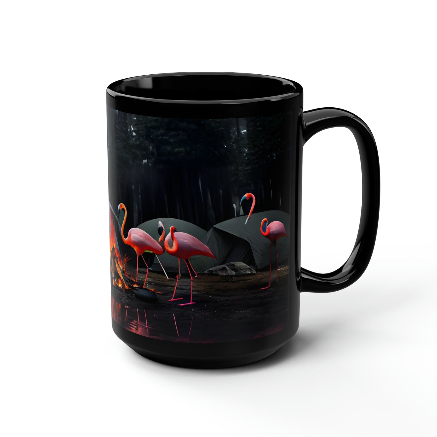 photo of a flock of flamingos in oregon, campfire, tents, rain, hdr, dof, highly detailed - Mug, Black