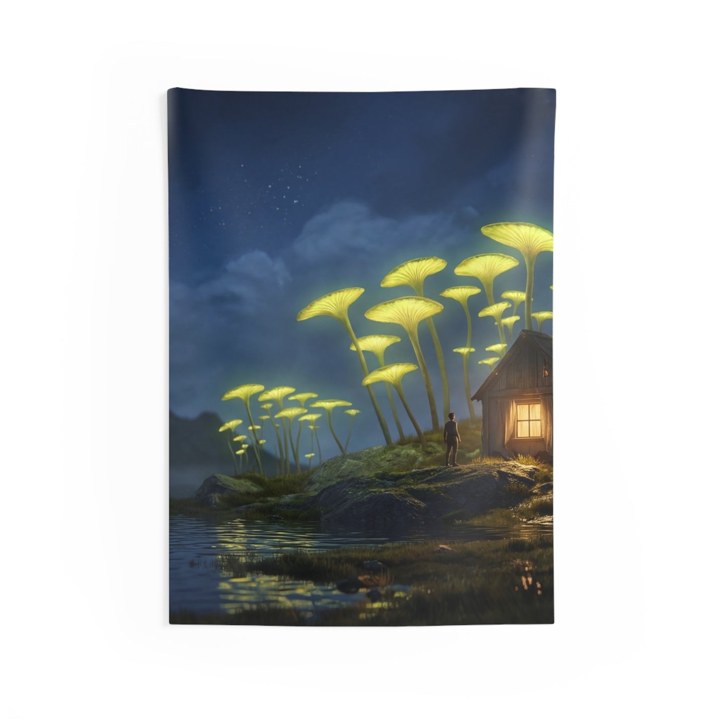Luminescent Mushroom Cabin Wall Tapestry – Night’s Quiet Glow