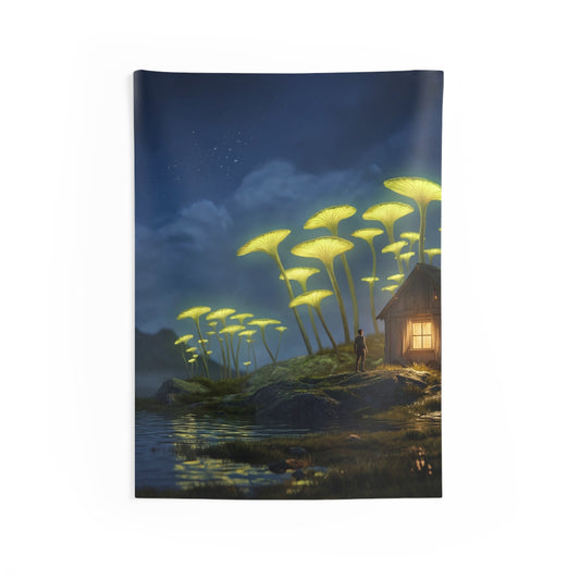 Luminescent Mushroom Cabin Wall Tapestry – Night’s Quiet Glow