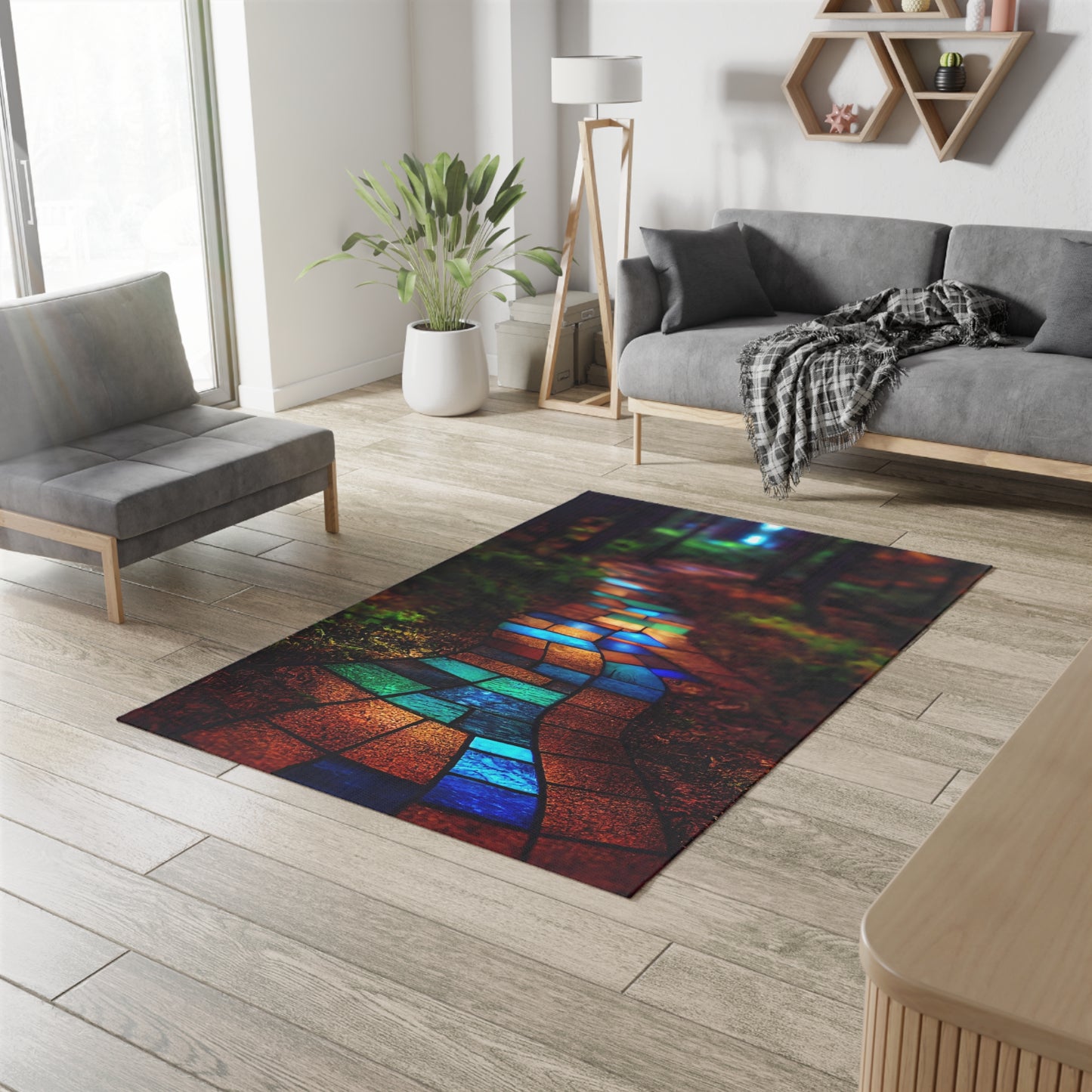 a path paved with stained glass winding through the forest. The path is made of beautiful brightly colored blue green red bronze luminous glass, high quality photograph - Dobby Rug