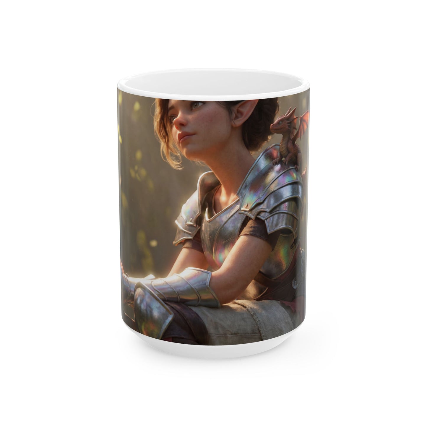 Elf Warrior with Dragon Companion Ceramic Mug – Sunlit Forest Sentinel