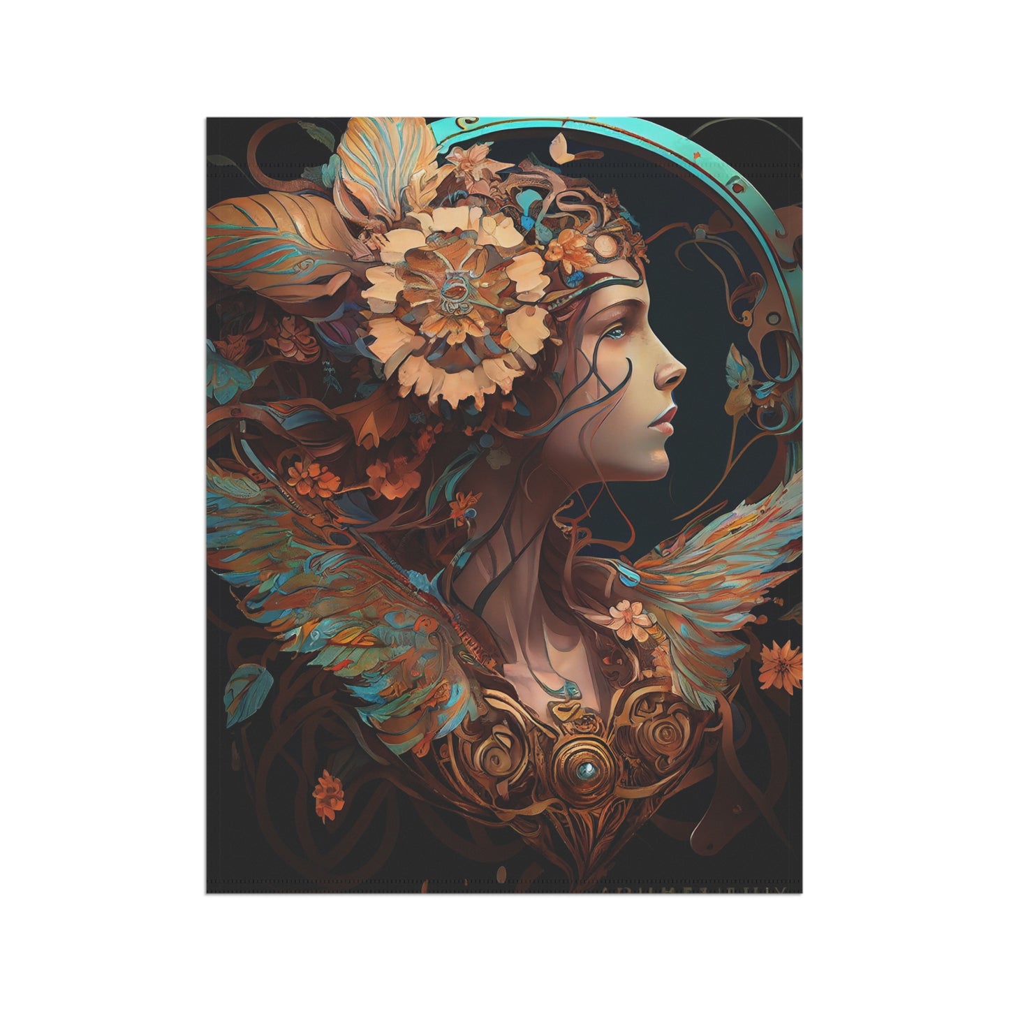 product design, psychedelic, dmt, self-transforming steampunk machine oracle elves, chrysanthemum, art nouveau, alphonse mucha - Garden & House Banner