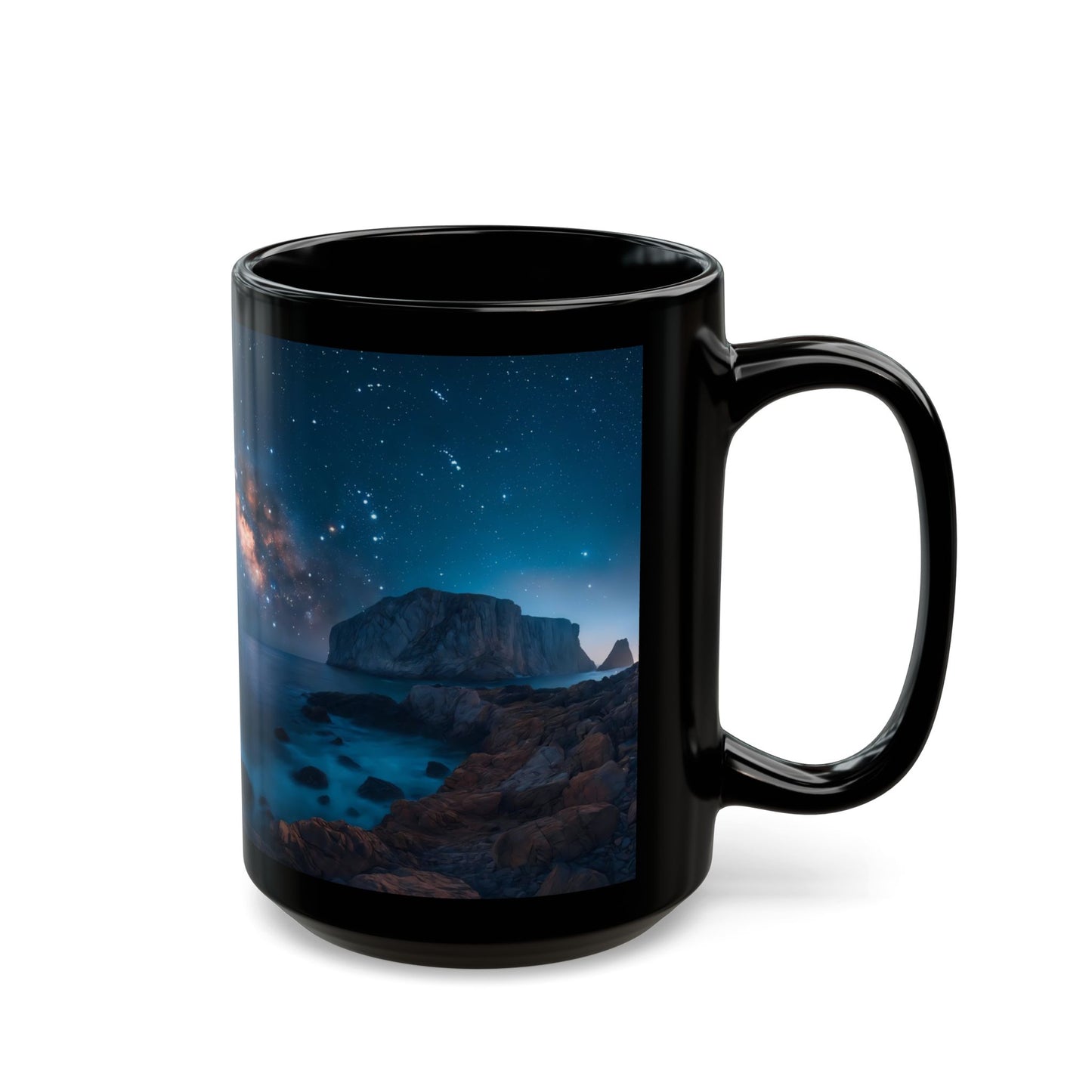 Celestial Archway Black Mug – Milky Way Over Moonlit Coastline