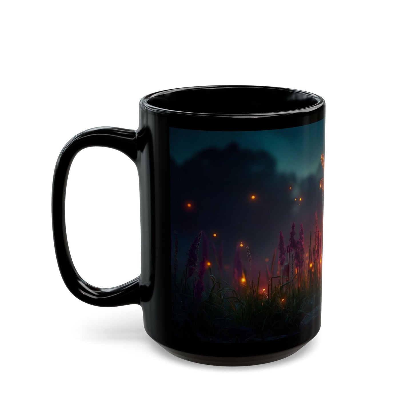Glowing Dragonfly Black Mug – Twilight Meadow Dreamscape