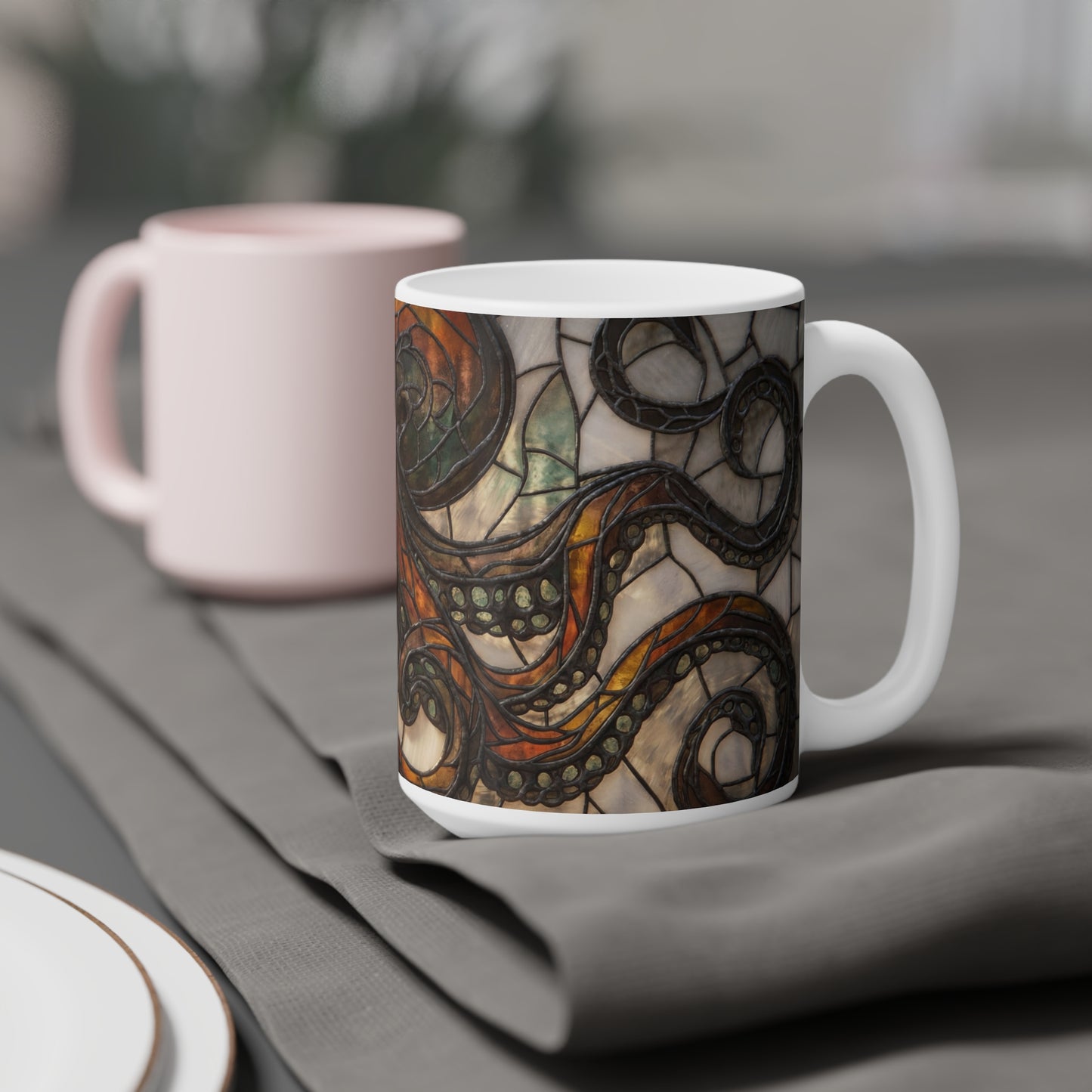 Art Nouveau Octopus Stained Glass Mug – Warm Amber Whirls on Deep Frame