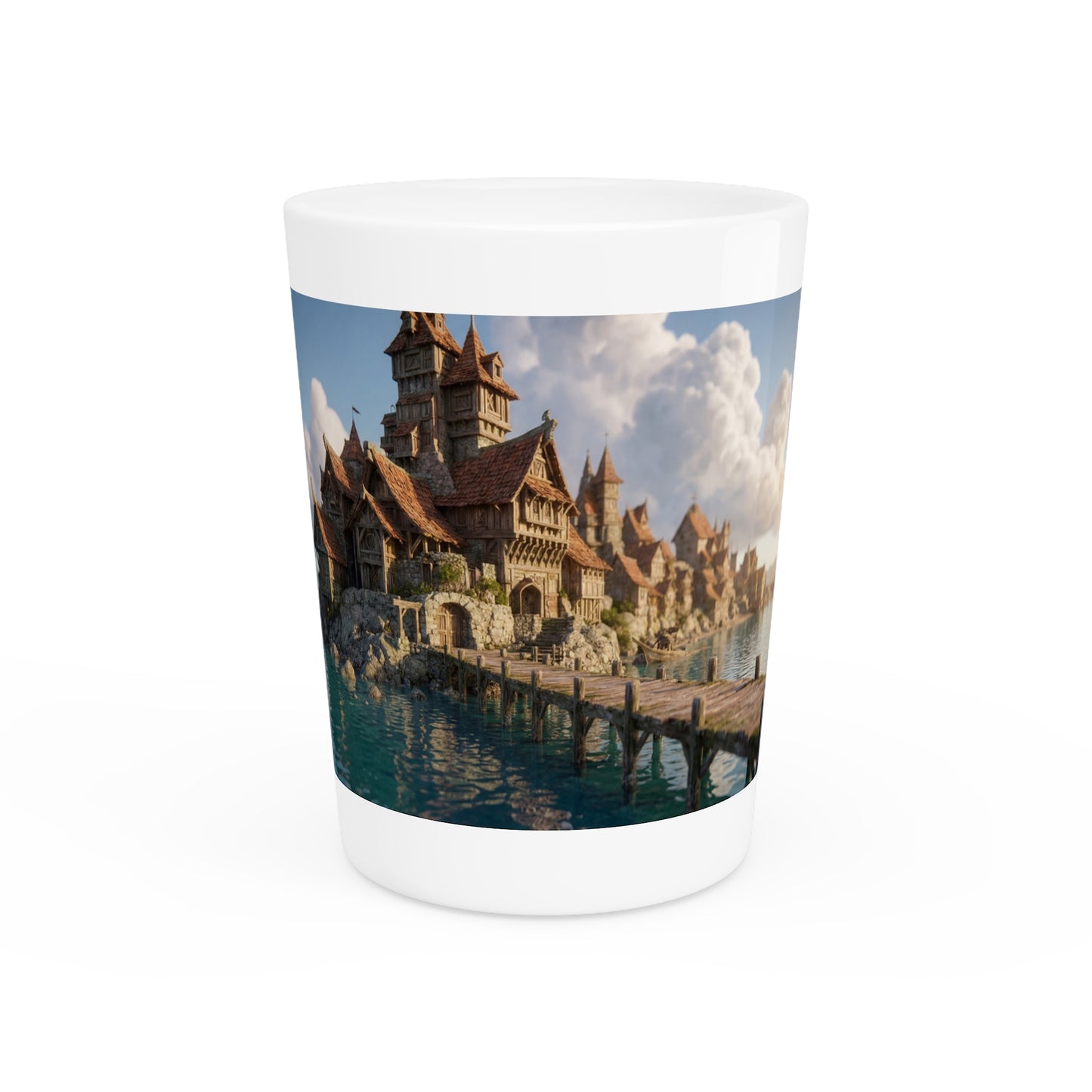 Coastal Viking Village Shot Glass – Sunset Harbor Dreamscape