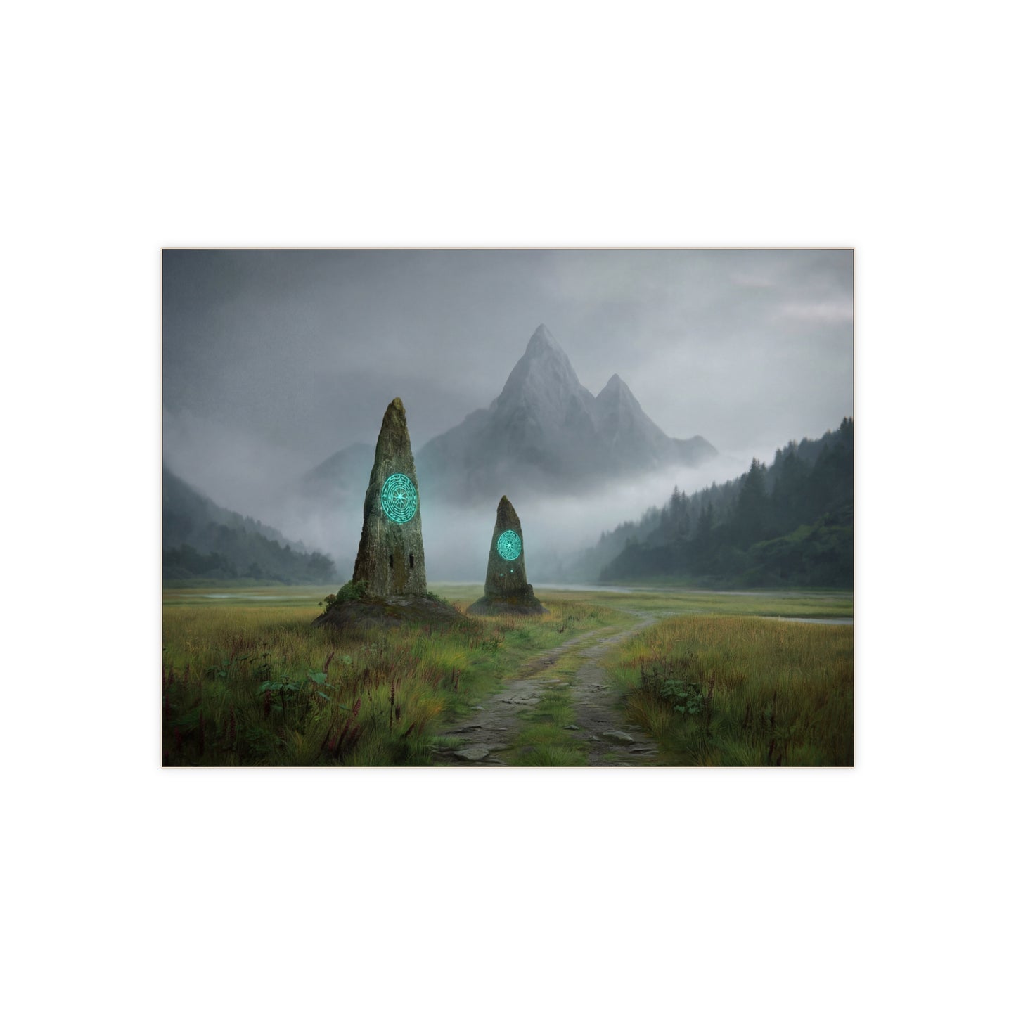 Ancient Portal Stones Ceramic Photo Tile – Glowing Path Through Misty Peaks