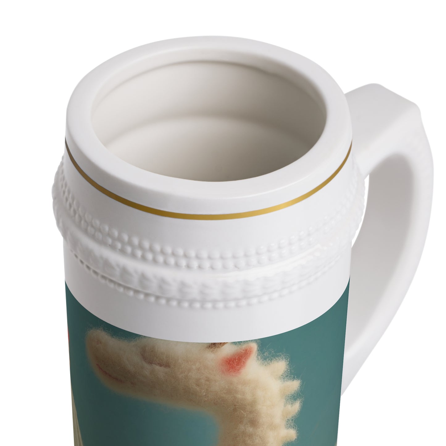 Knitted Child and Felt Dragon Stein Mug – Cozy Cloudside Guardian Scene