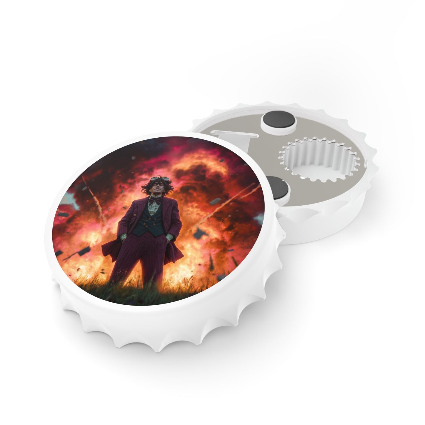 Mad Scientist Amidst Crimson Blast Bottle Opener – Unapologetic Chaos Theory