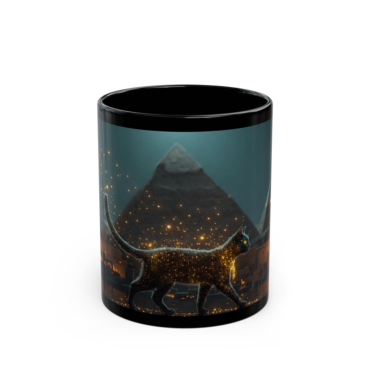 Celestial Cat Black Mug – Moonlit Pyramids Dreamscape